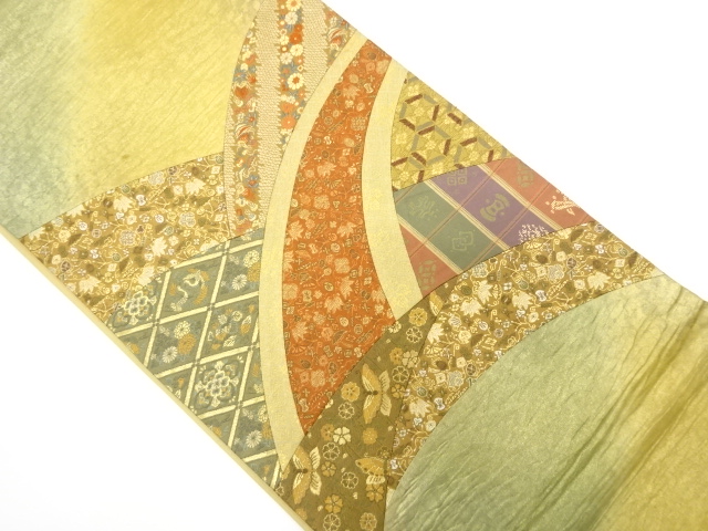 切りばめ　変わり青海波に宝尽くし・花模様織り出し　袋帯